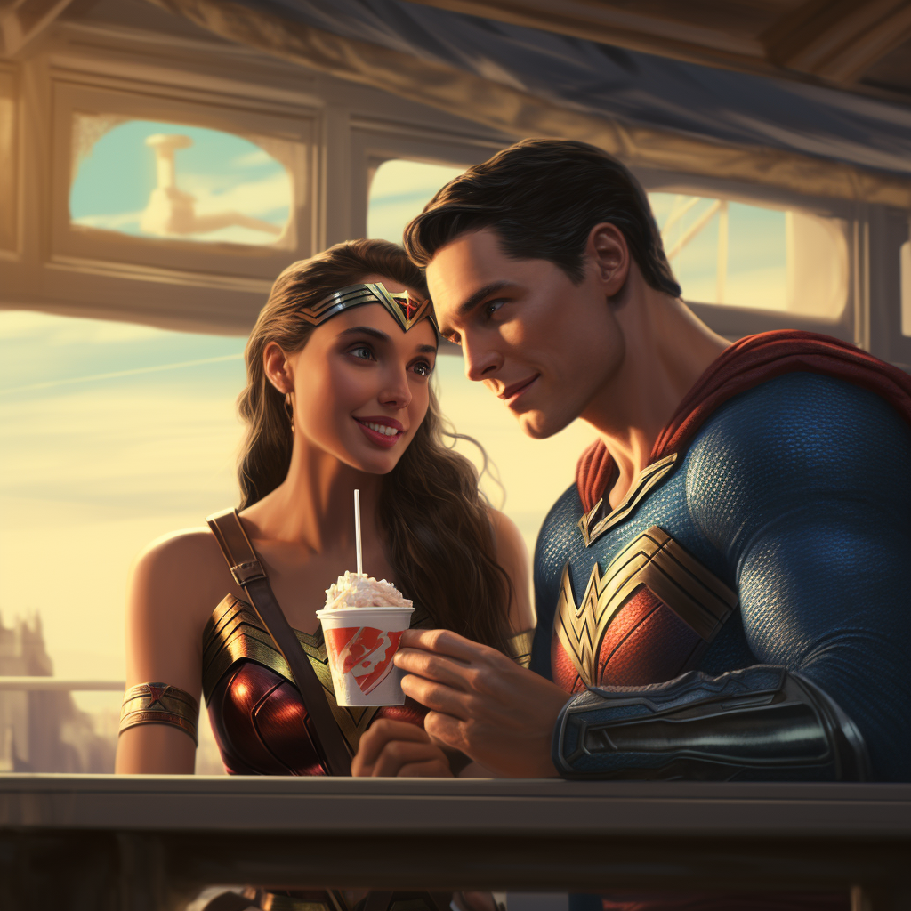 Young Wonder Woman and Superman enjoying Ice Cream