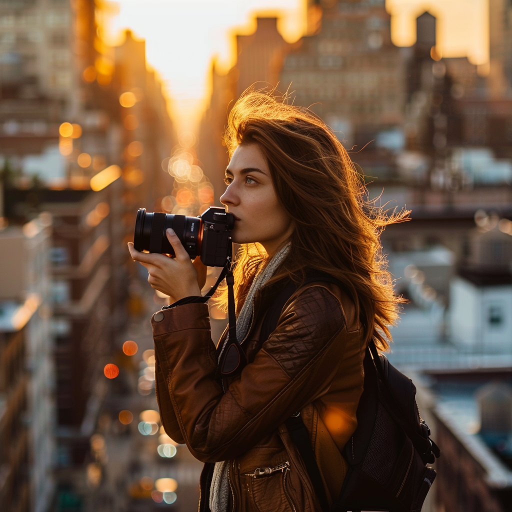 Seasoned woman taking photos DSLR