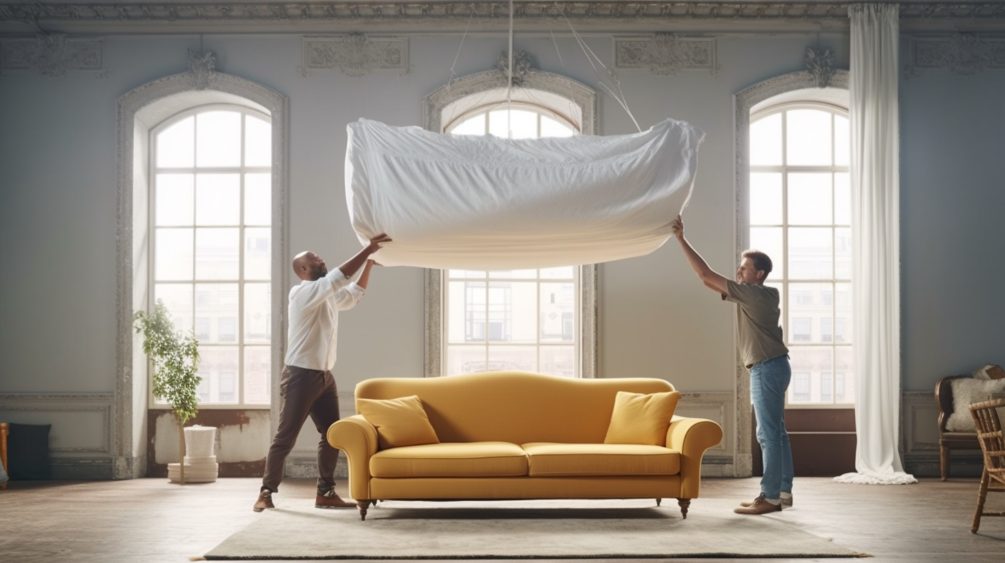 Two men carrying upholstered furniture