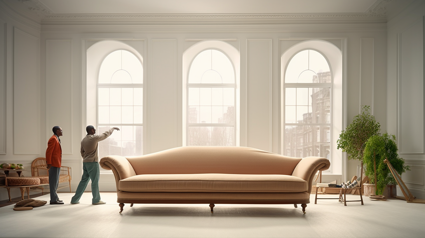 Two Men Carrying Upholstered Furniture in a Bright Room