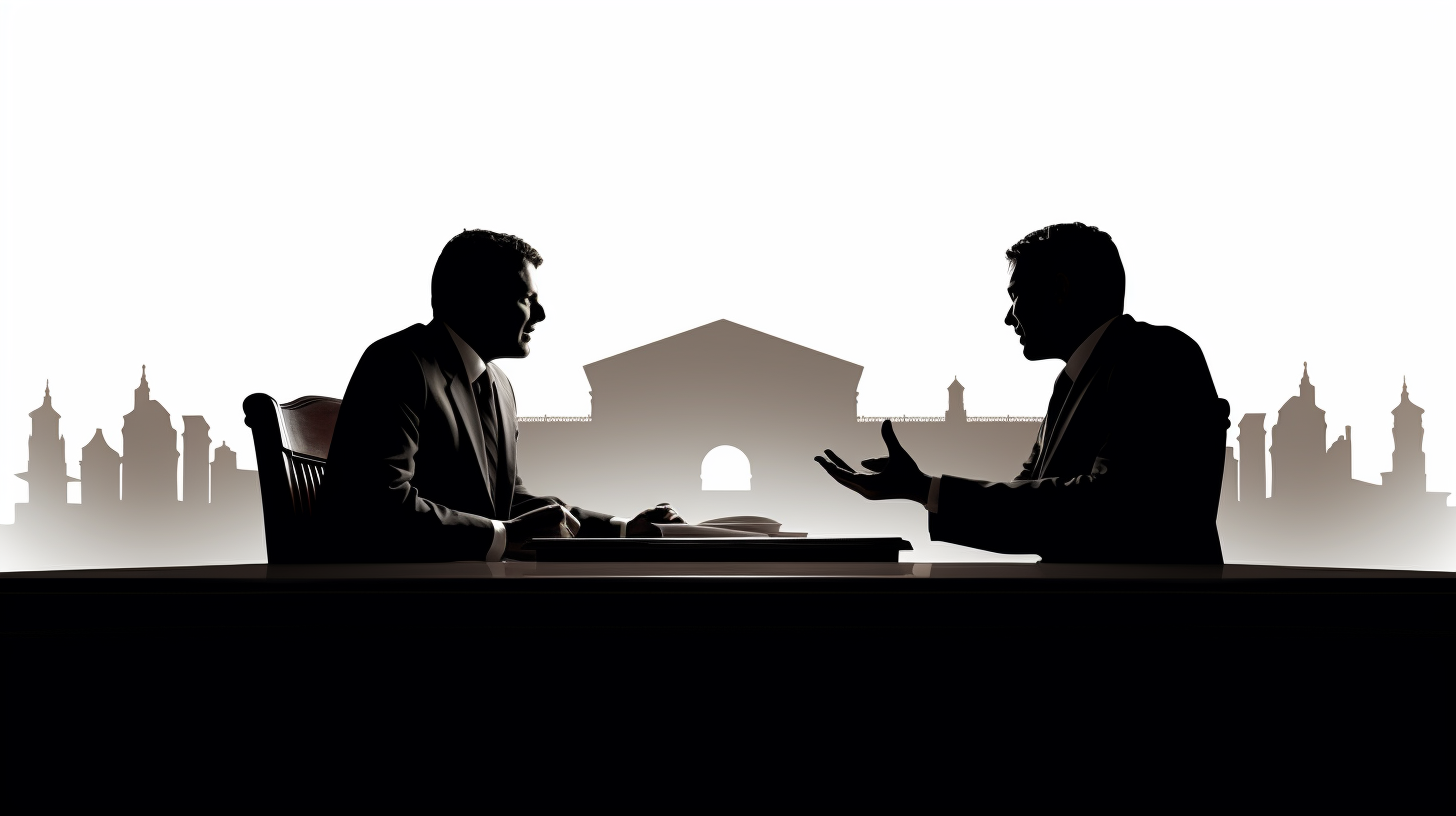 Silhouette of two advocates arguing in court