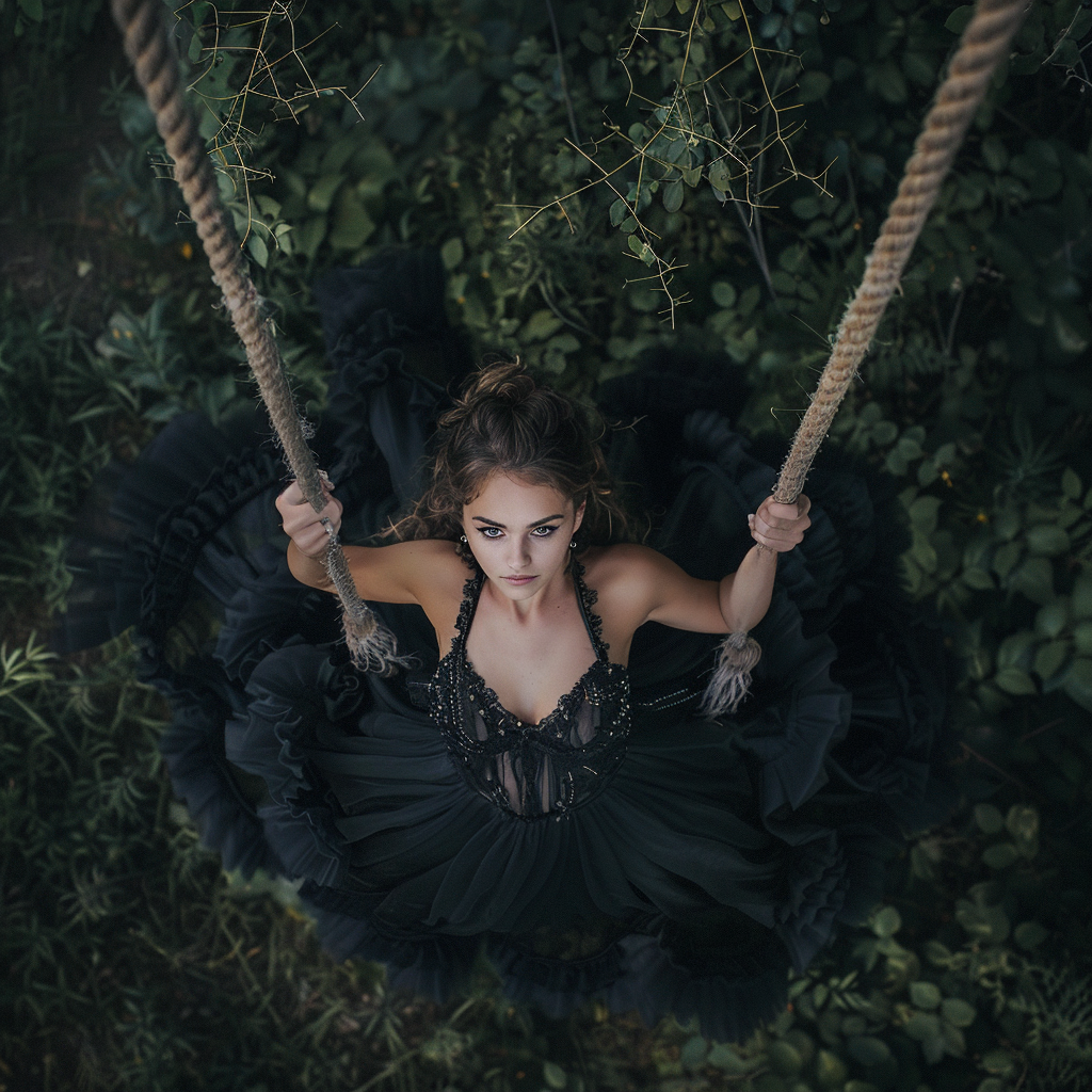 Female model standing on swing