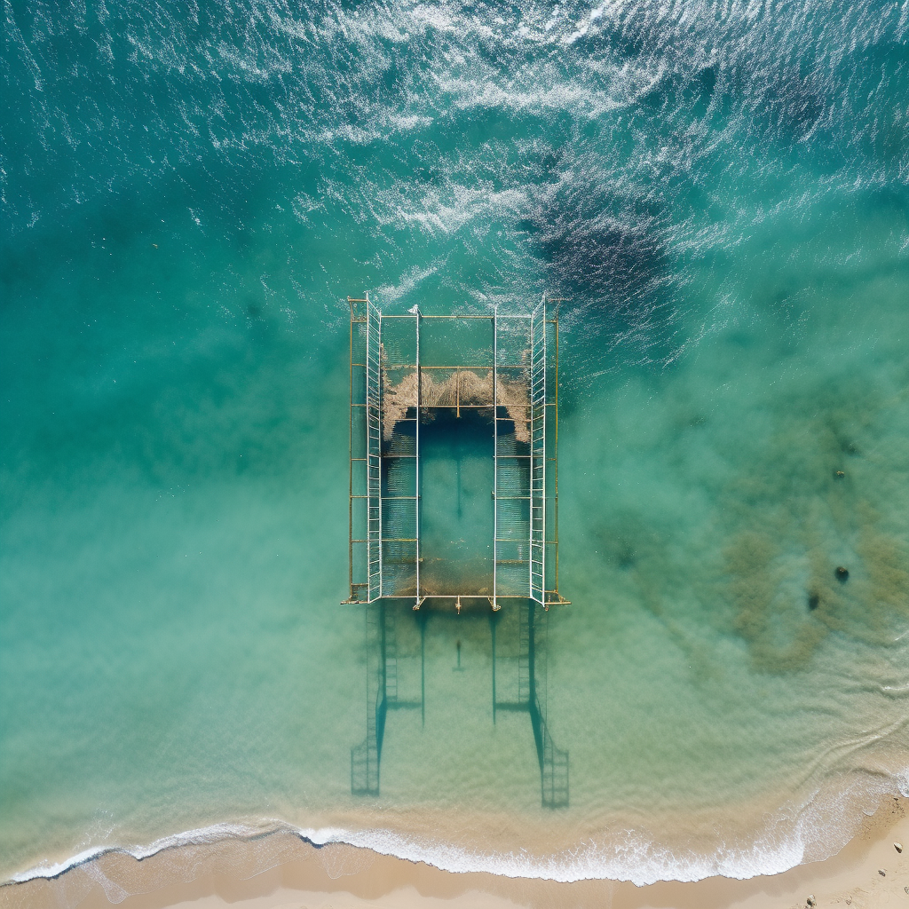 Aerial view of ocean, beach, and pier with swimming cage