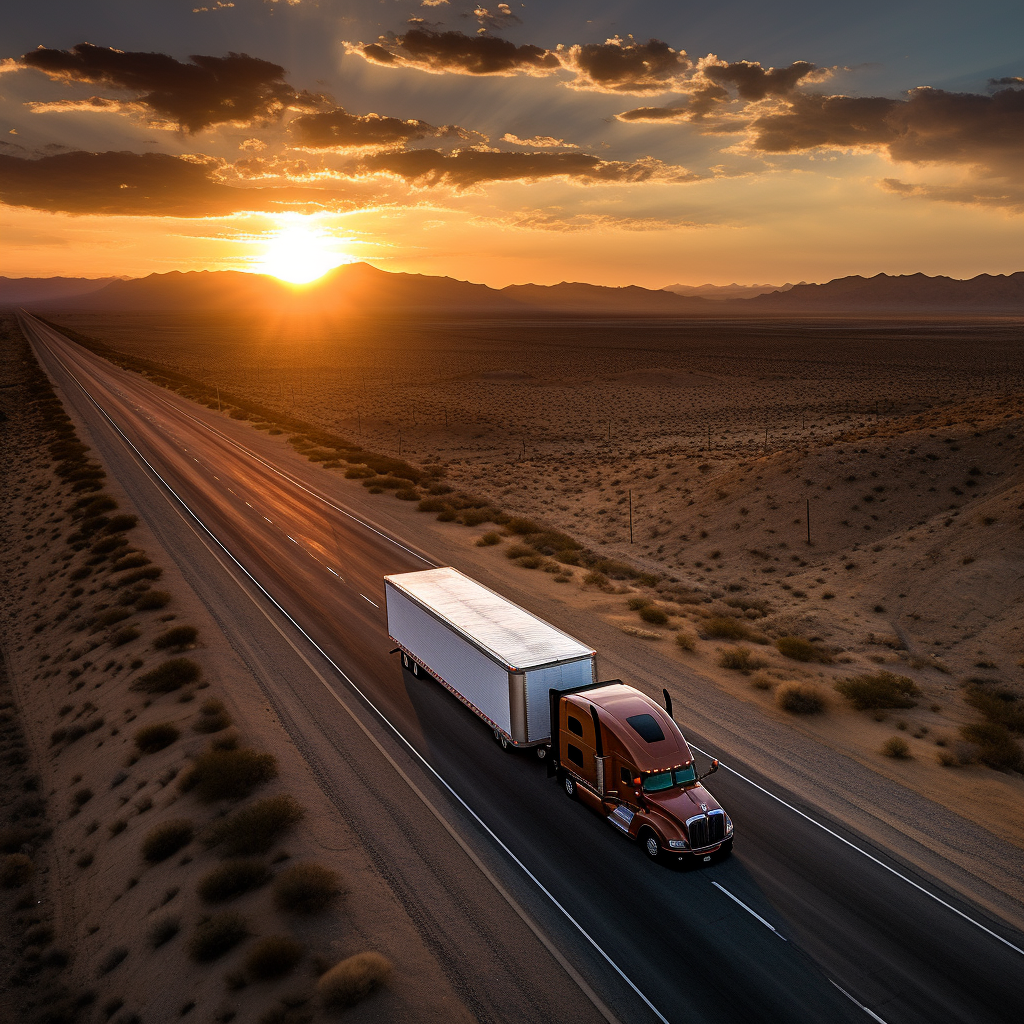 Aerial truck driving in California desert sunset