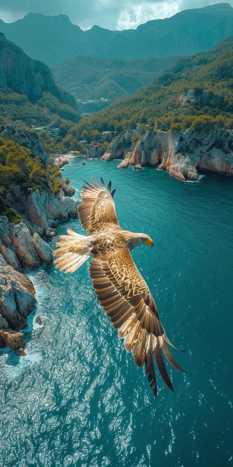 Eagle flying over mountains and sea