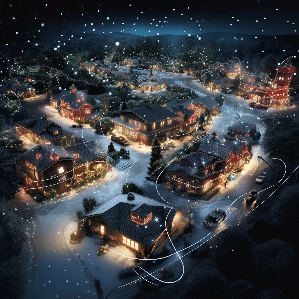 Santa Flying over Festive Houses