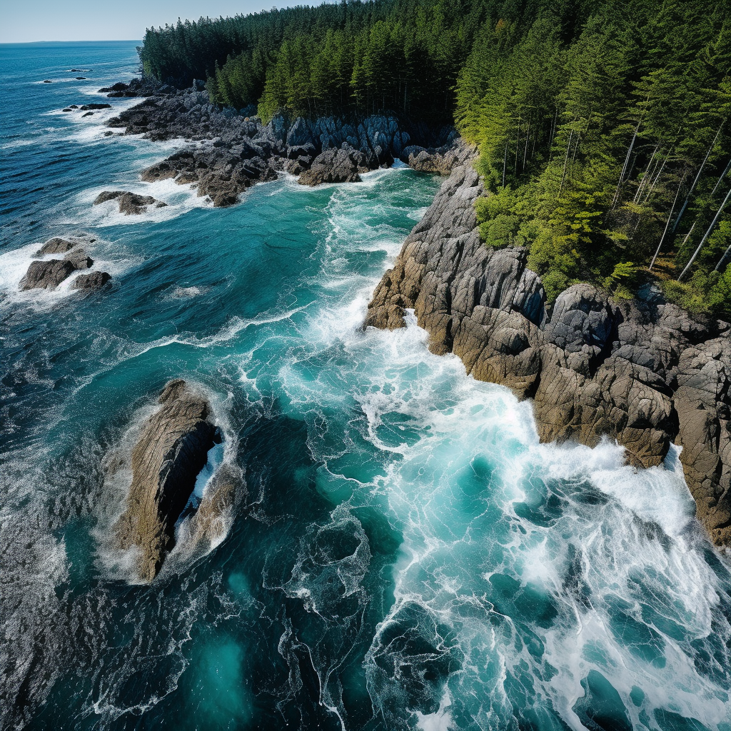 Aerial view of ocean, forest, and black boulders