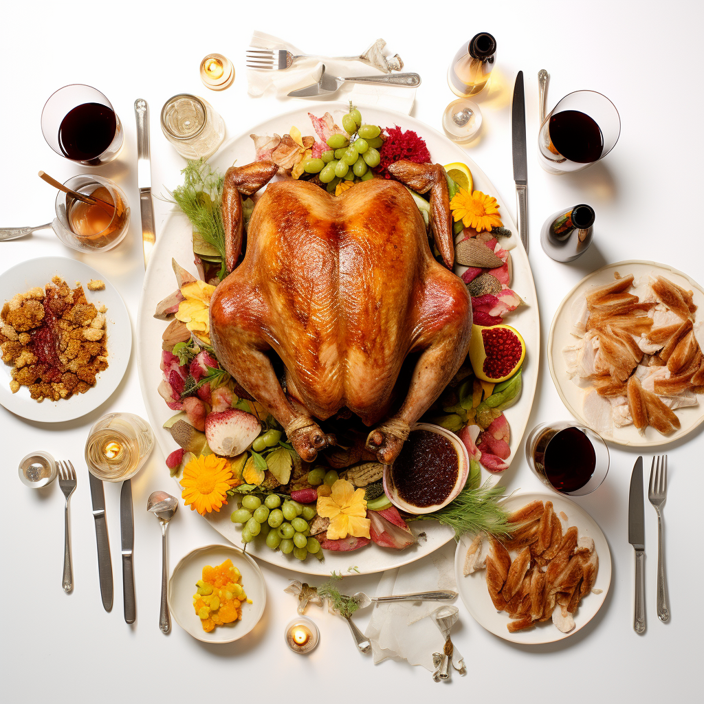 Aerial turkey dinner on white background