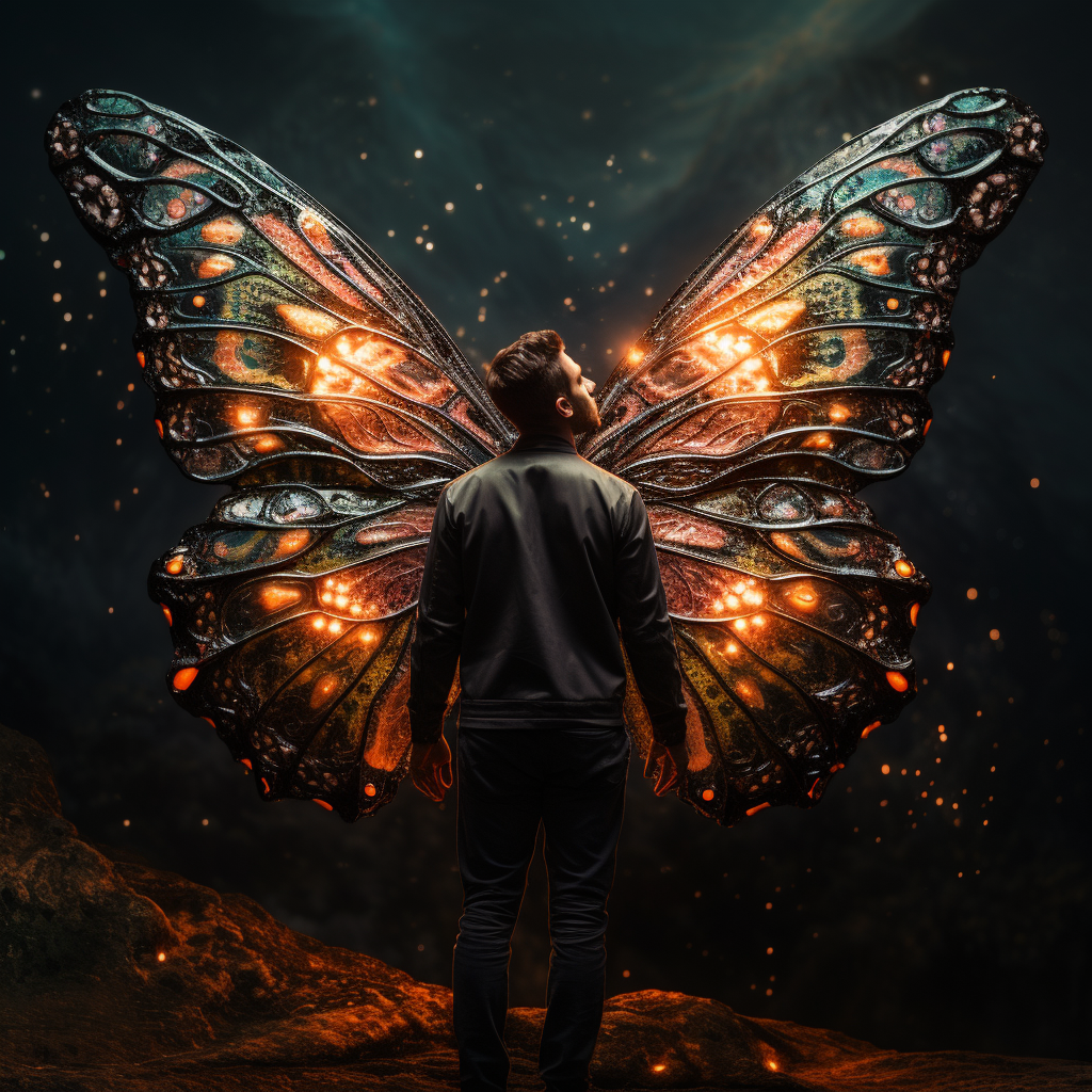 Human spirit wearing butterfly wings in ultra realism