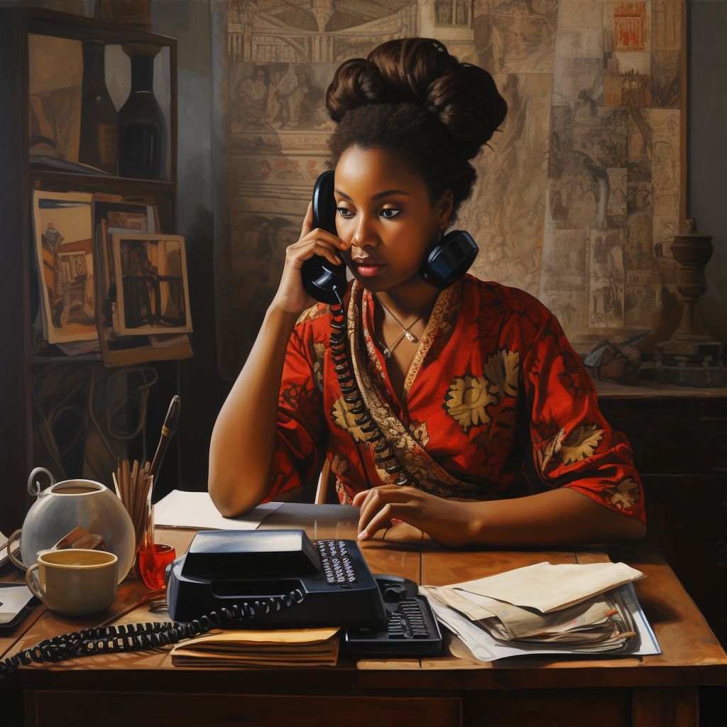 Smiling African woman on desk with phone