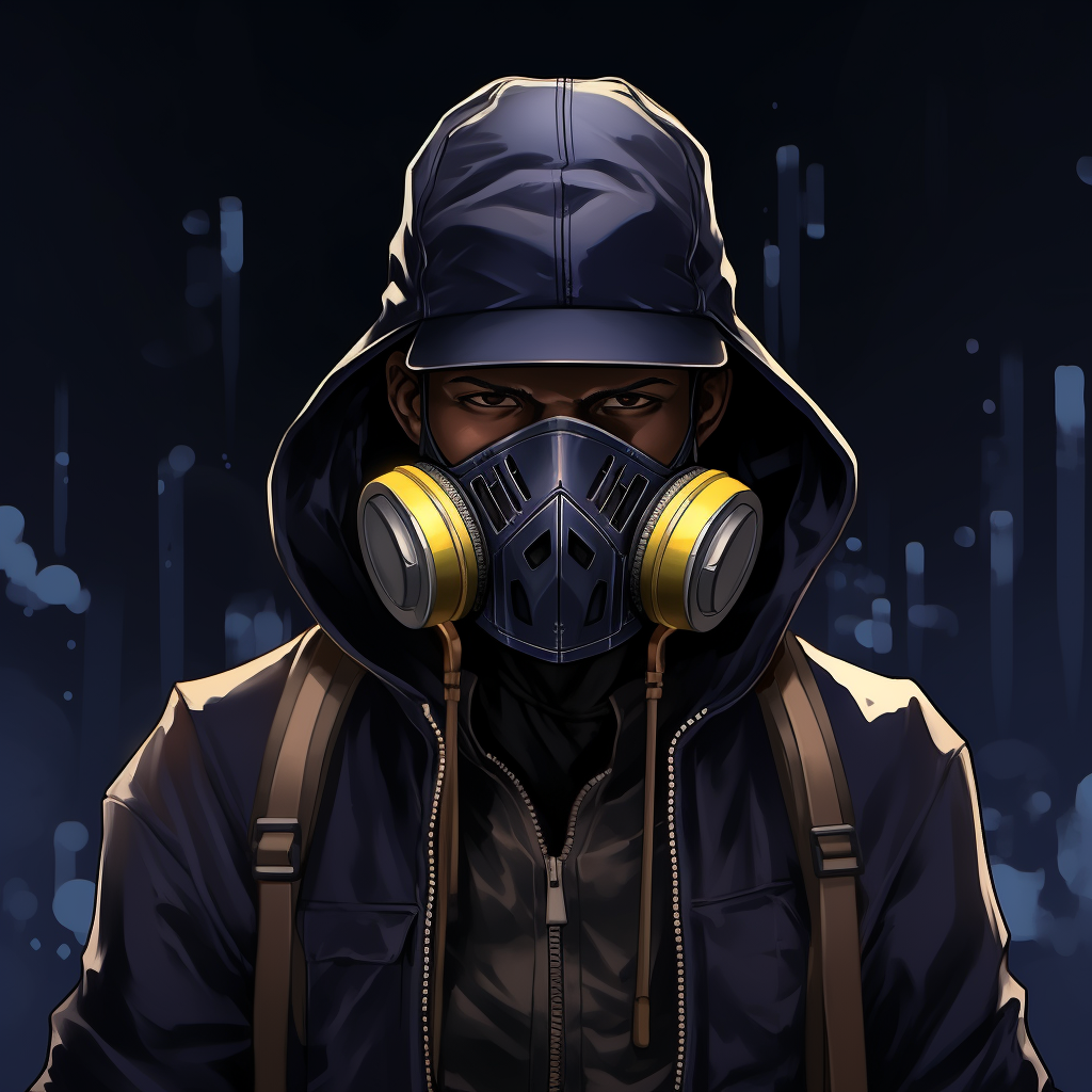 Anime character with Yankees cap, gas mask, hoodie