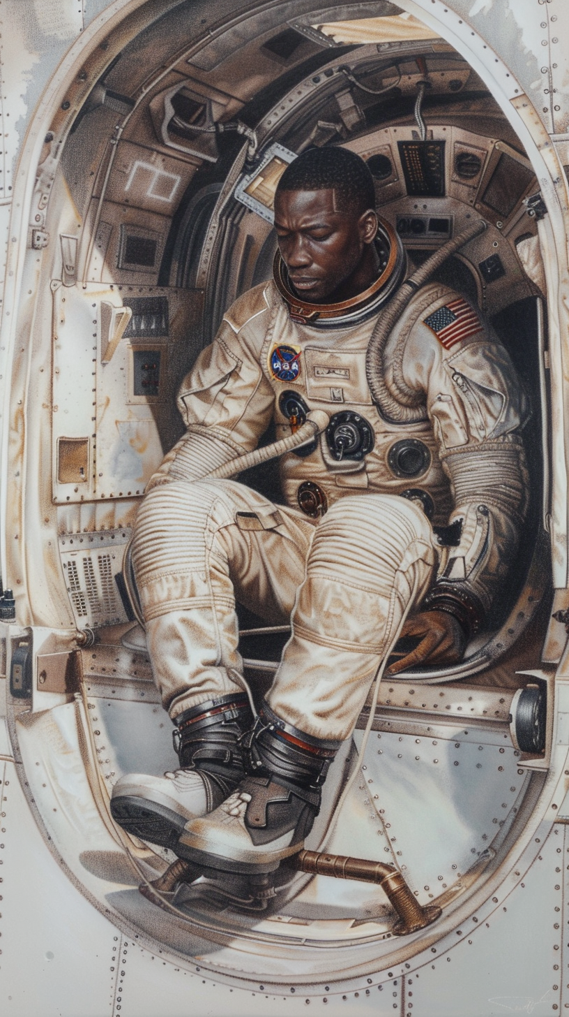 African American astronaut crying in spaceship