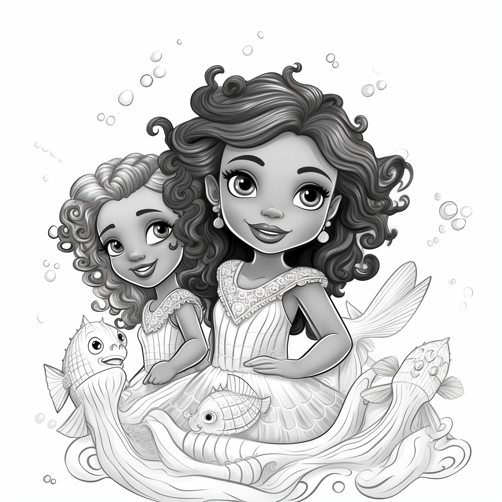 Coloring sheet of African-American cartoon mermaids