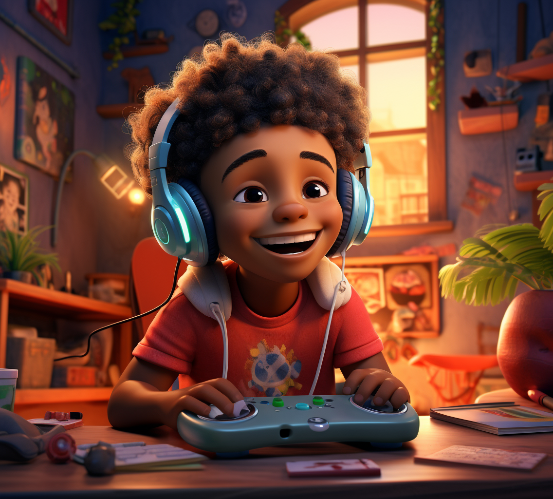 African American child playing video games