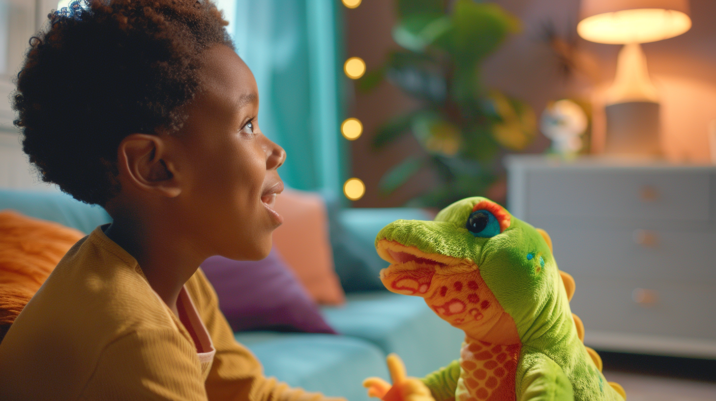 Child playing with plush lizard toy