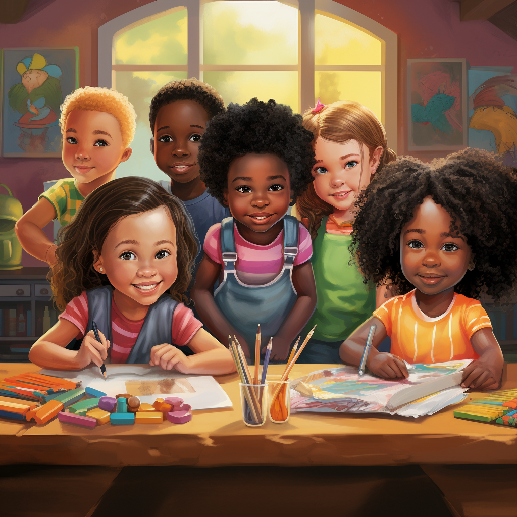 African American children coloring in classroom