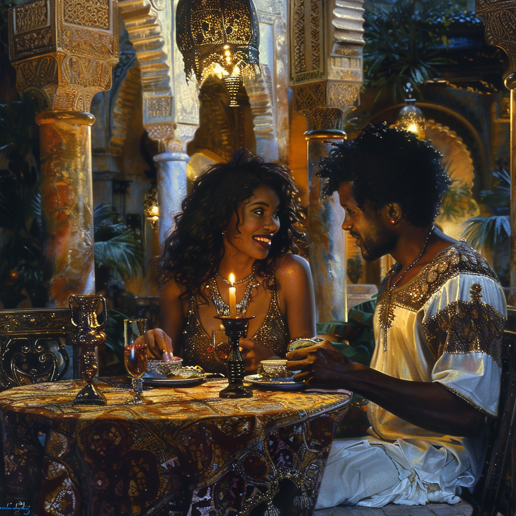 African American couple candlelit dinner