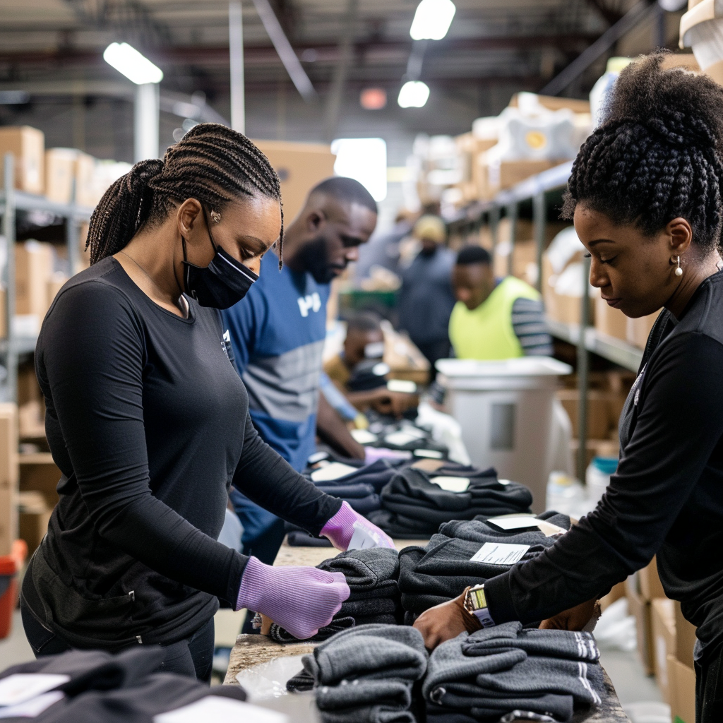 African American employees pack socks