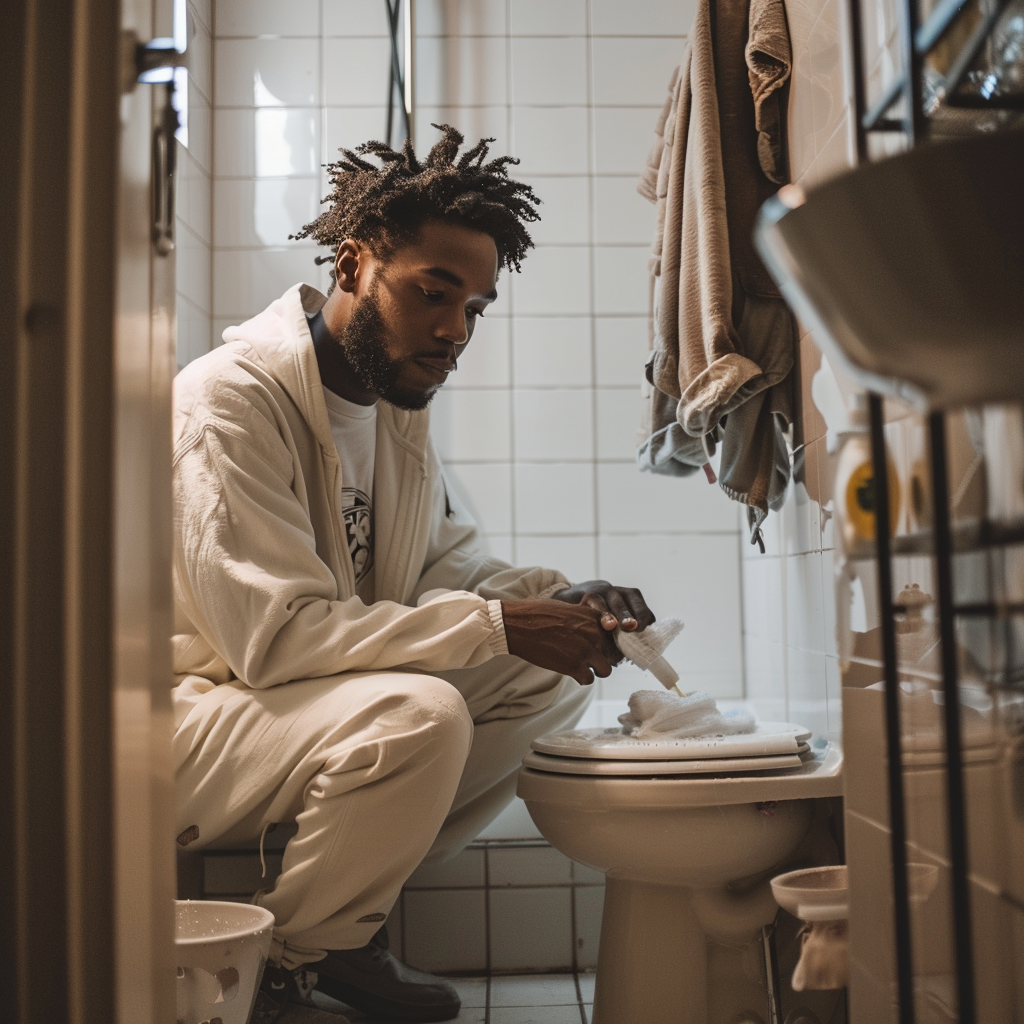 African American man cleaning bathroom