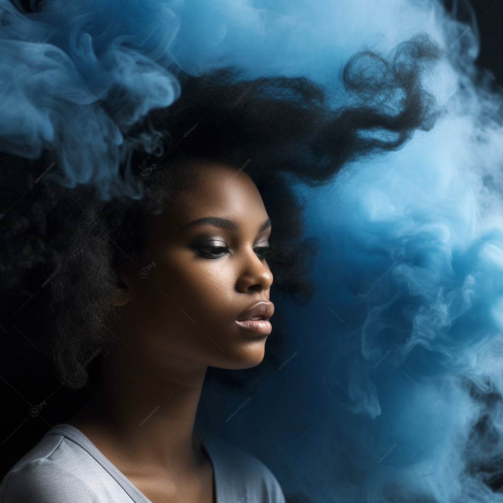 African American girl with blue lips exhaling smoke