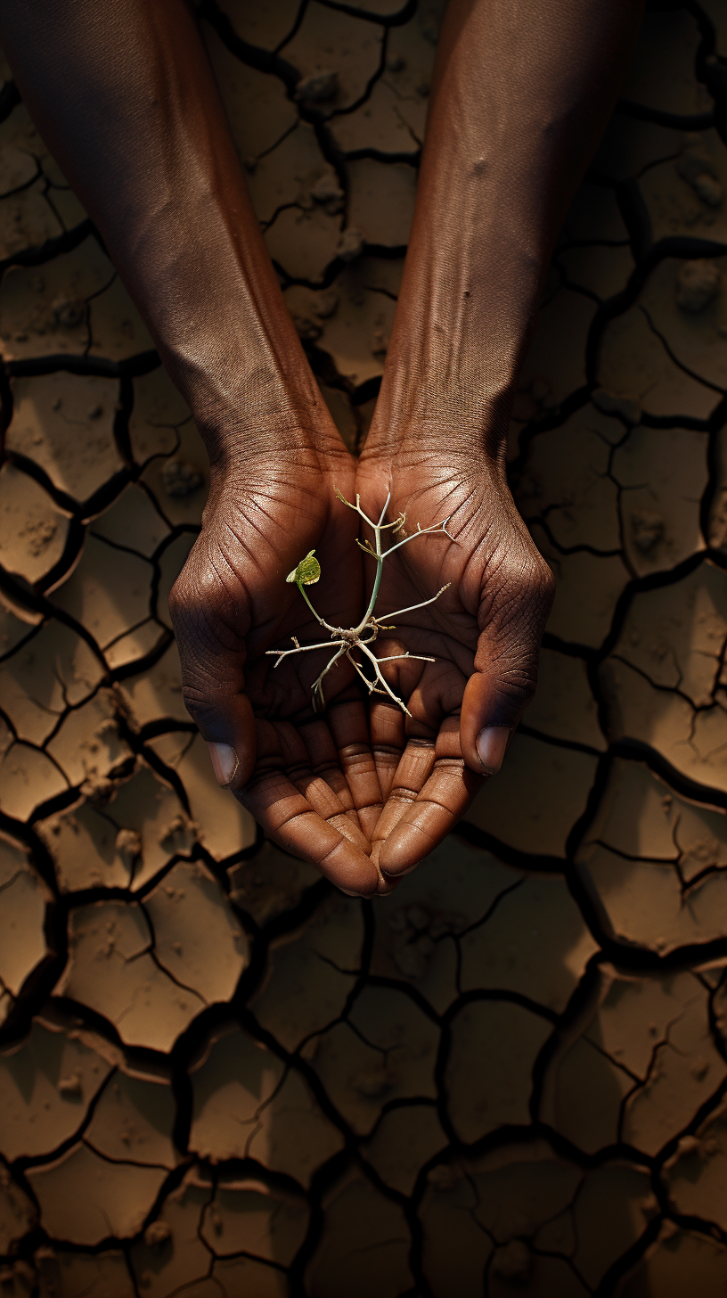 African American hands nurturing seedling in parched land