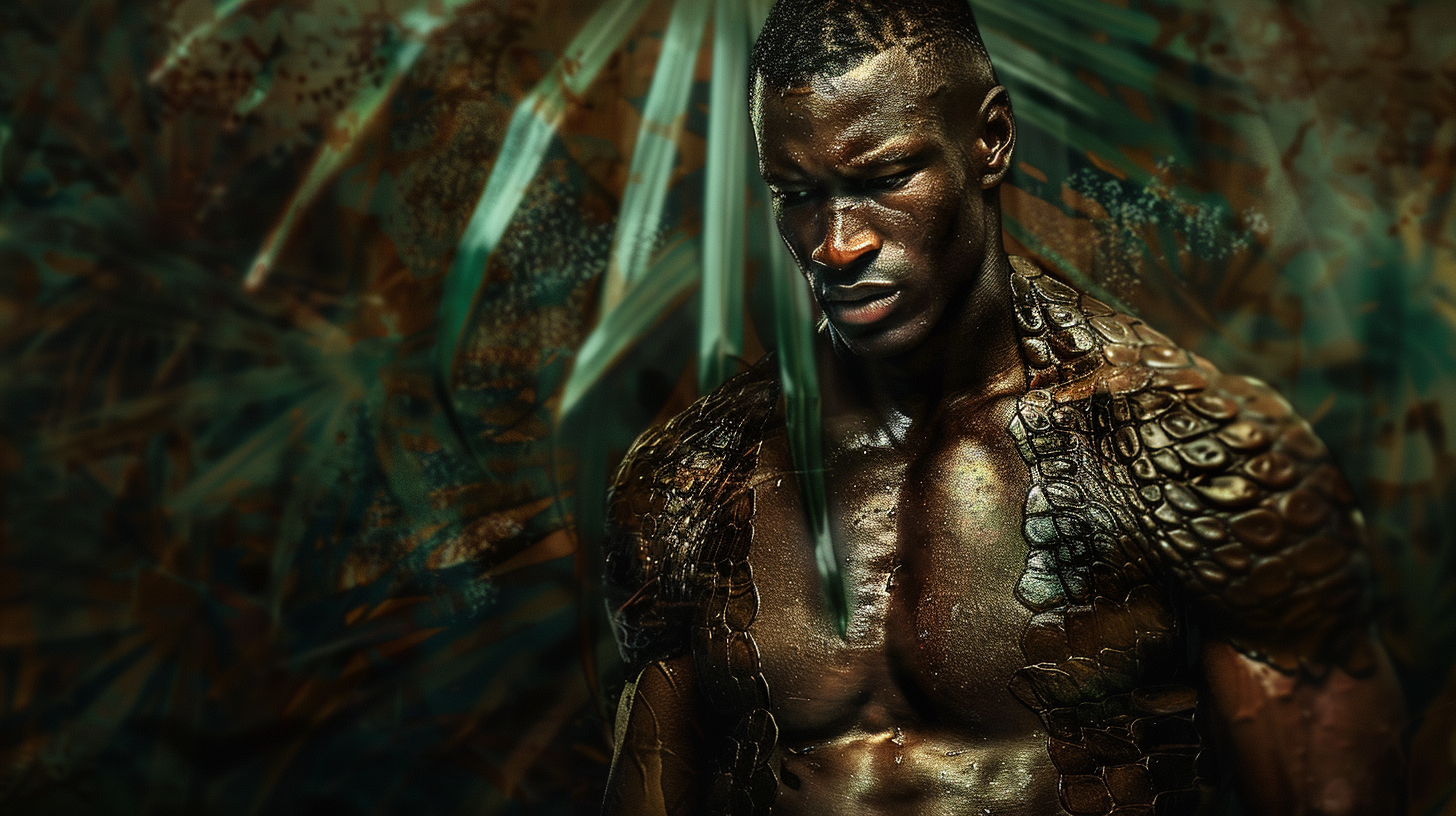 Muscular African American Man Crocodile Skin