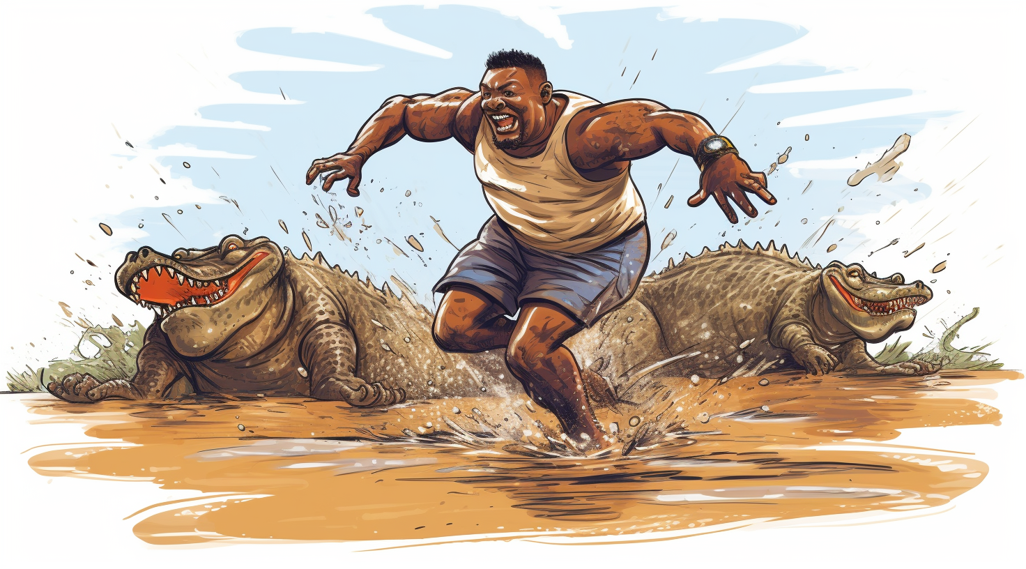 African American man kicking crocodiles in mud cartoon