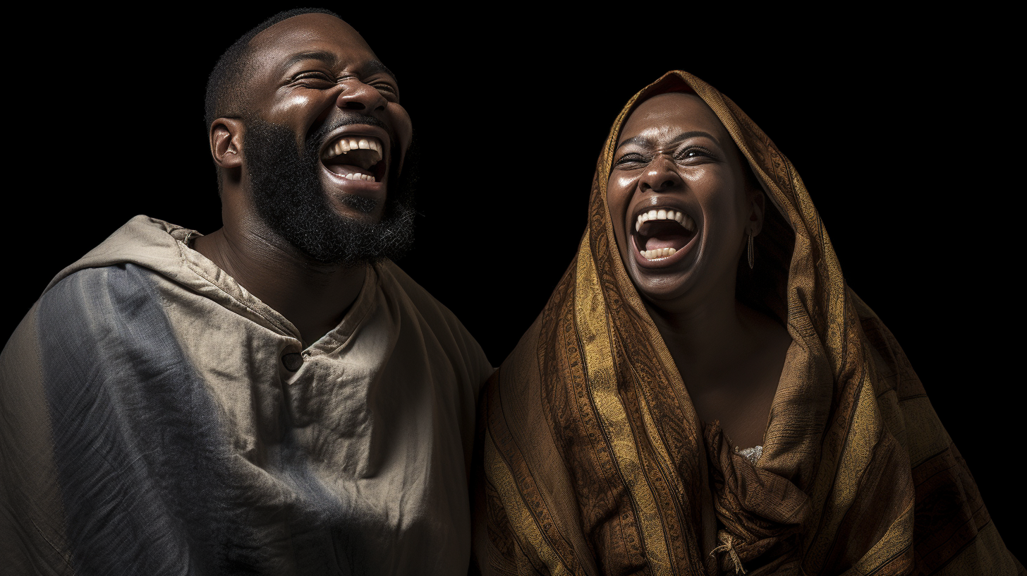 African-American men women biblical garments laughing