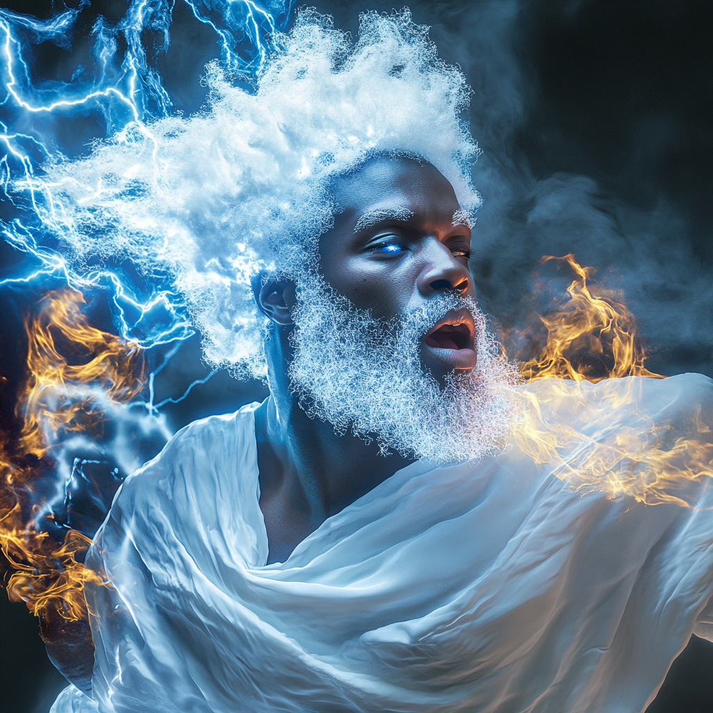 African American superhero with blue lightning fire