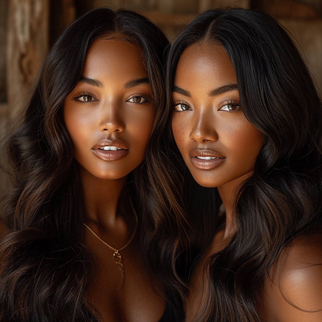 African American supermodels with long hair extensions posing and smiling