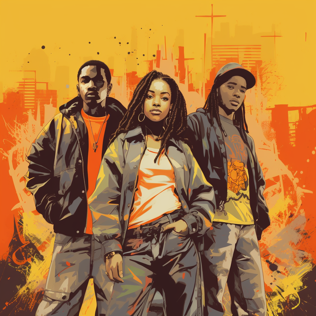 Dramatic illustration of African American teens in 1990's NY hip hop