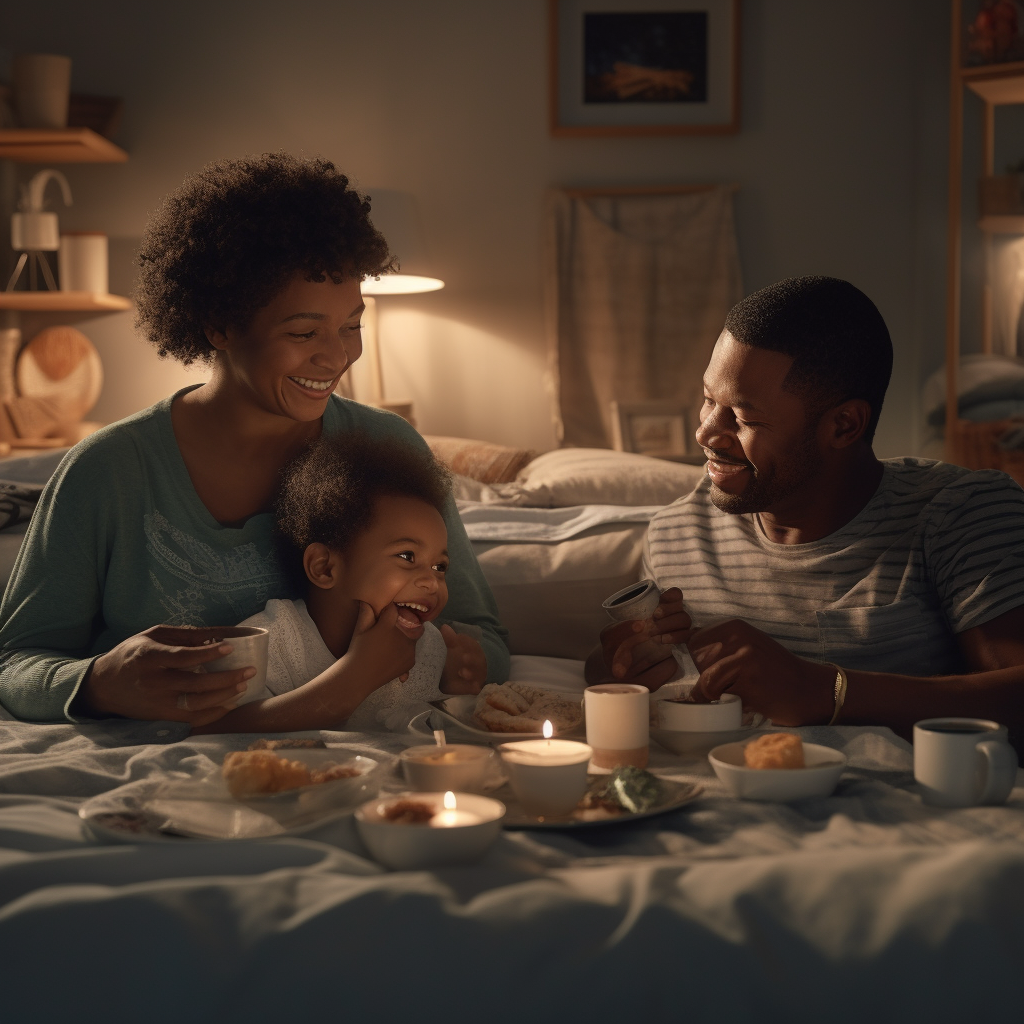 African American toddler sitting between parents giggling