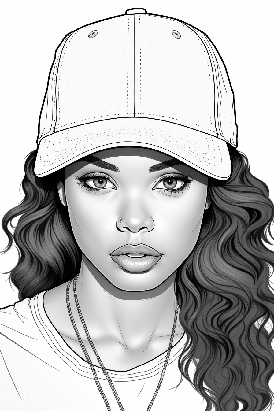 Coloring page of African American woman in baseball cap