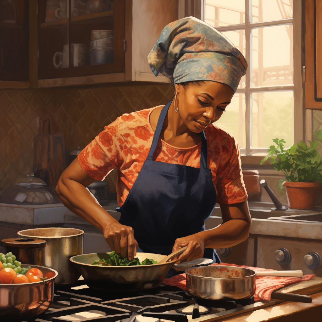 African American woman cooking in vibrant kitchen