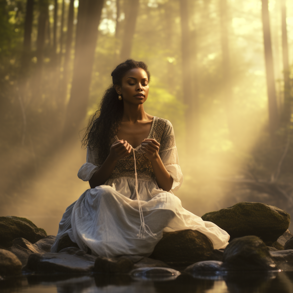 African-American Woman Camping in Serene Forest  ?️