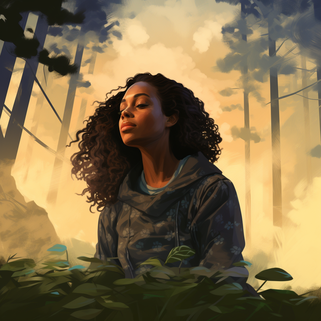 African American woman camping in serene forest