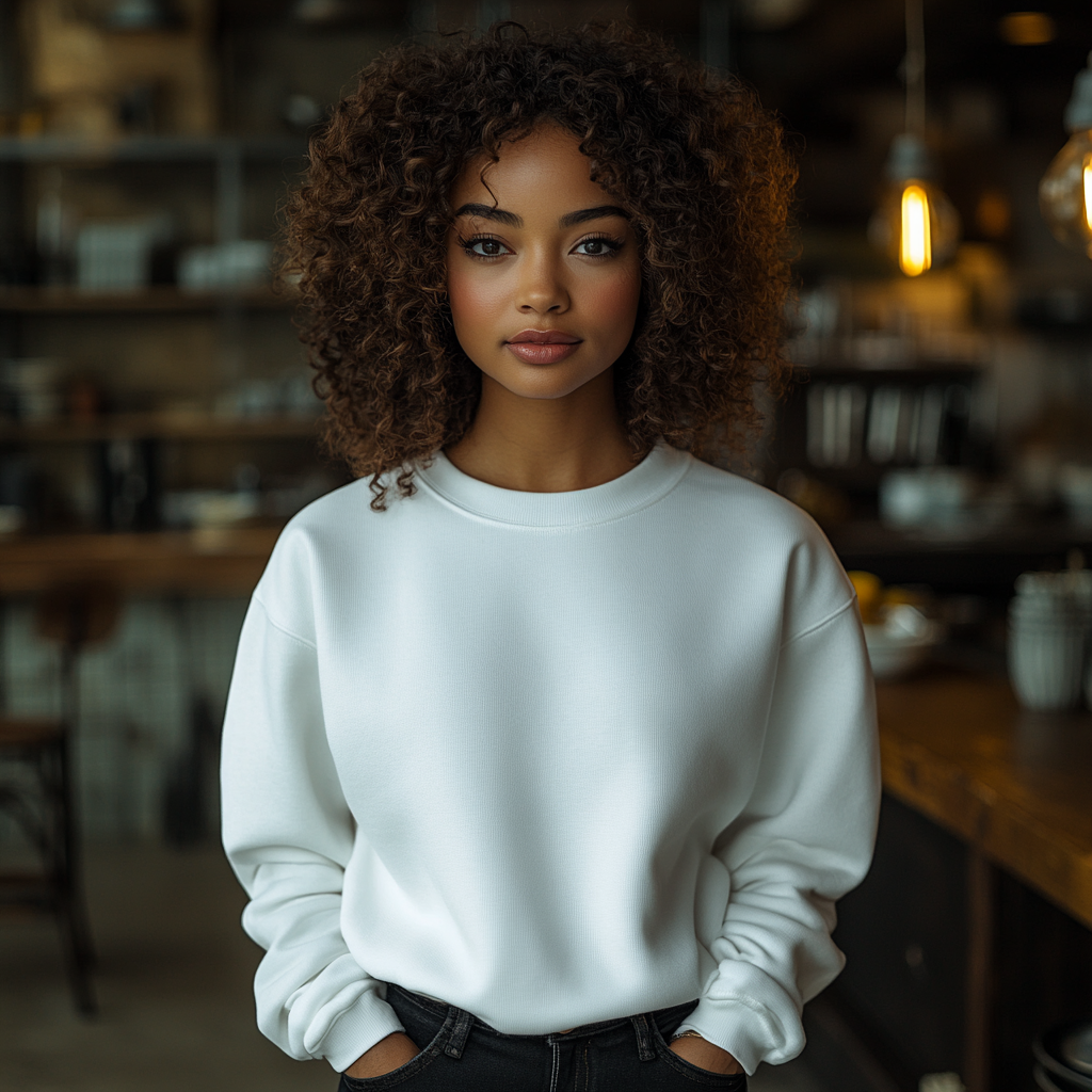 African American Woman White Sweatshirt Mockup