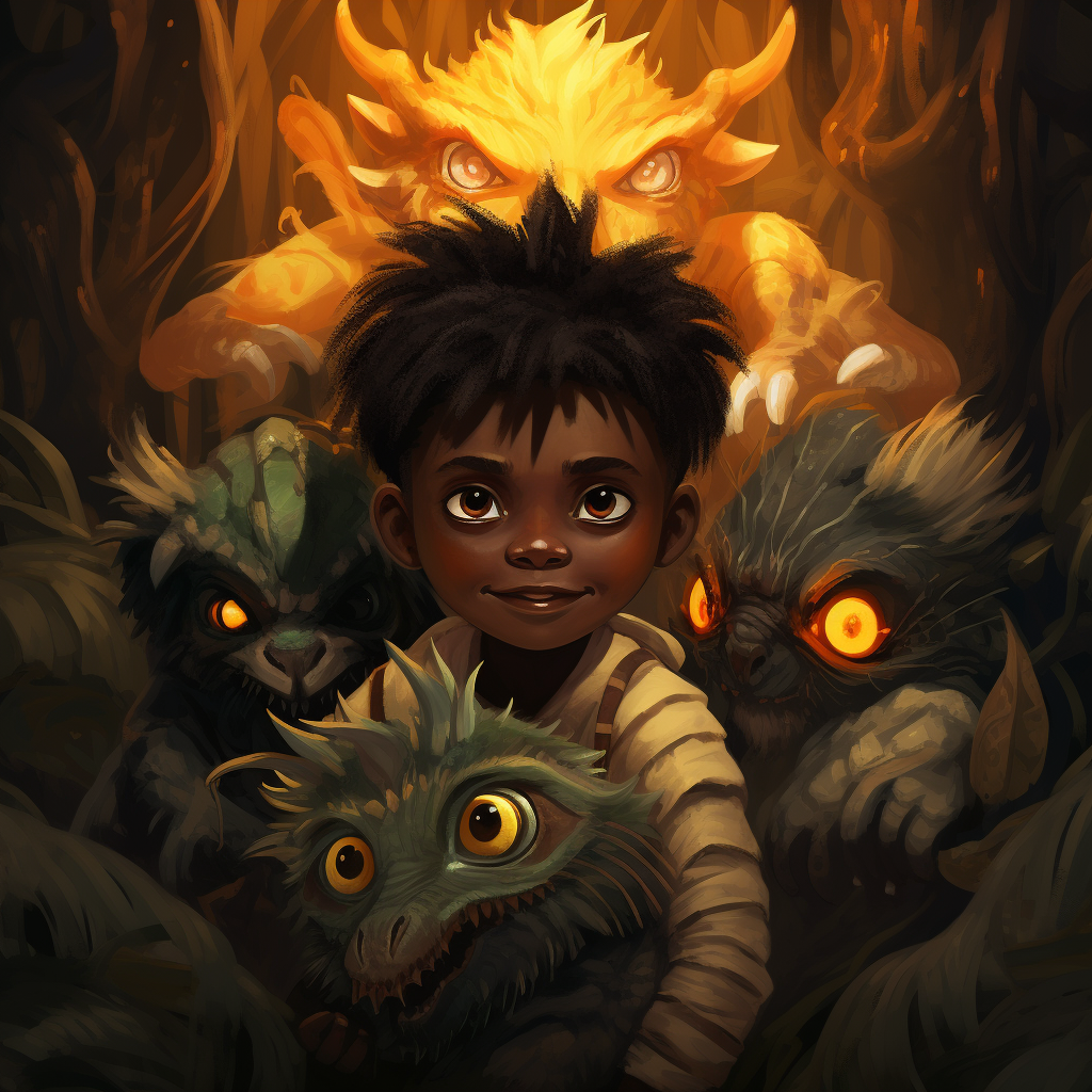 African boy with monster guardians