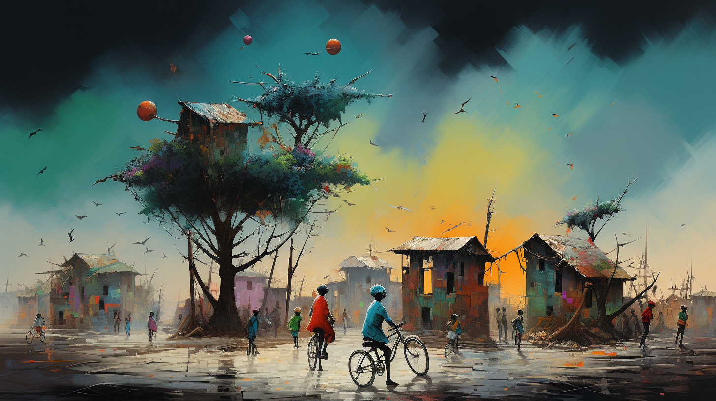 Unique Oil Painting of African Children on a Bicycle