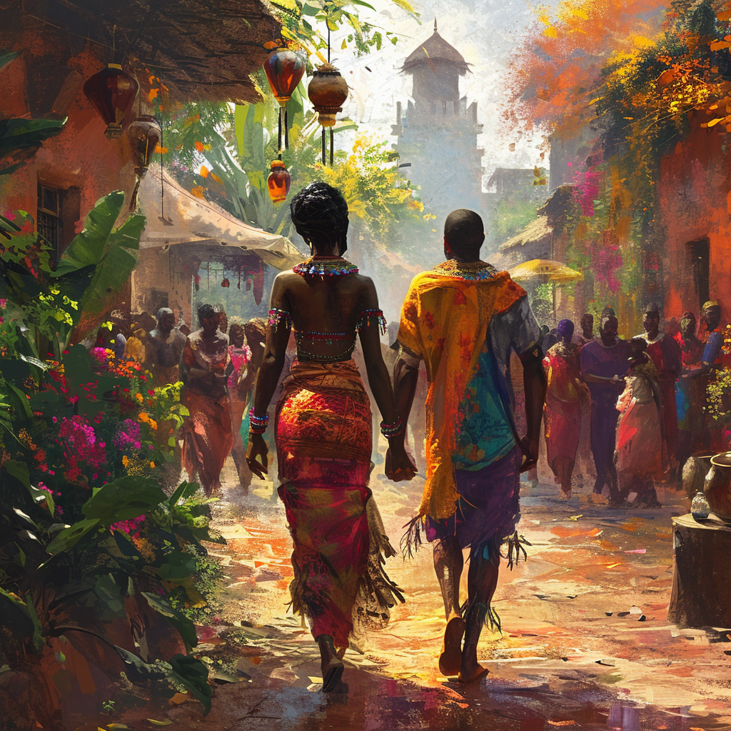 African couple walking in village