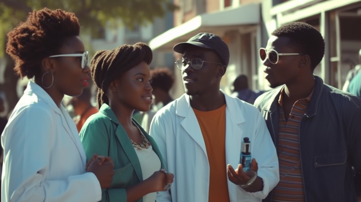 African doctors talking to crowd, bright, smiling, colorful