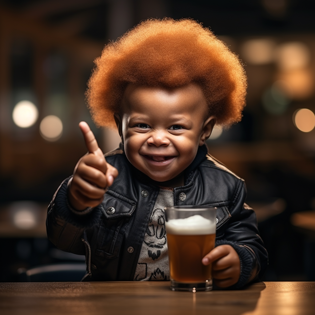 Drunk African dwarf with ginger beard showing middle finger