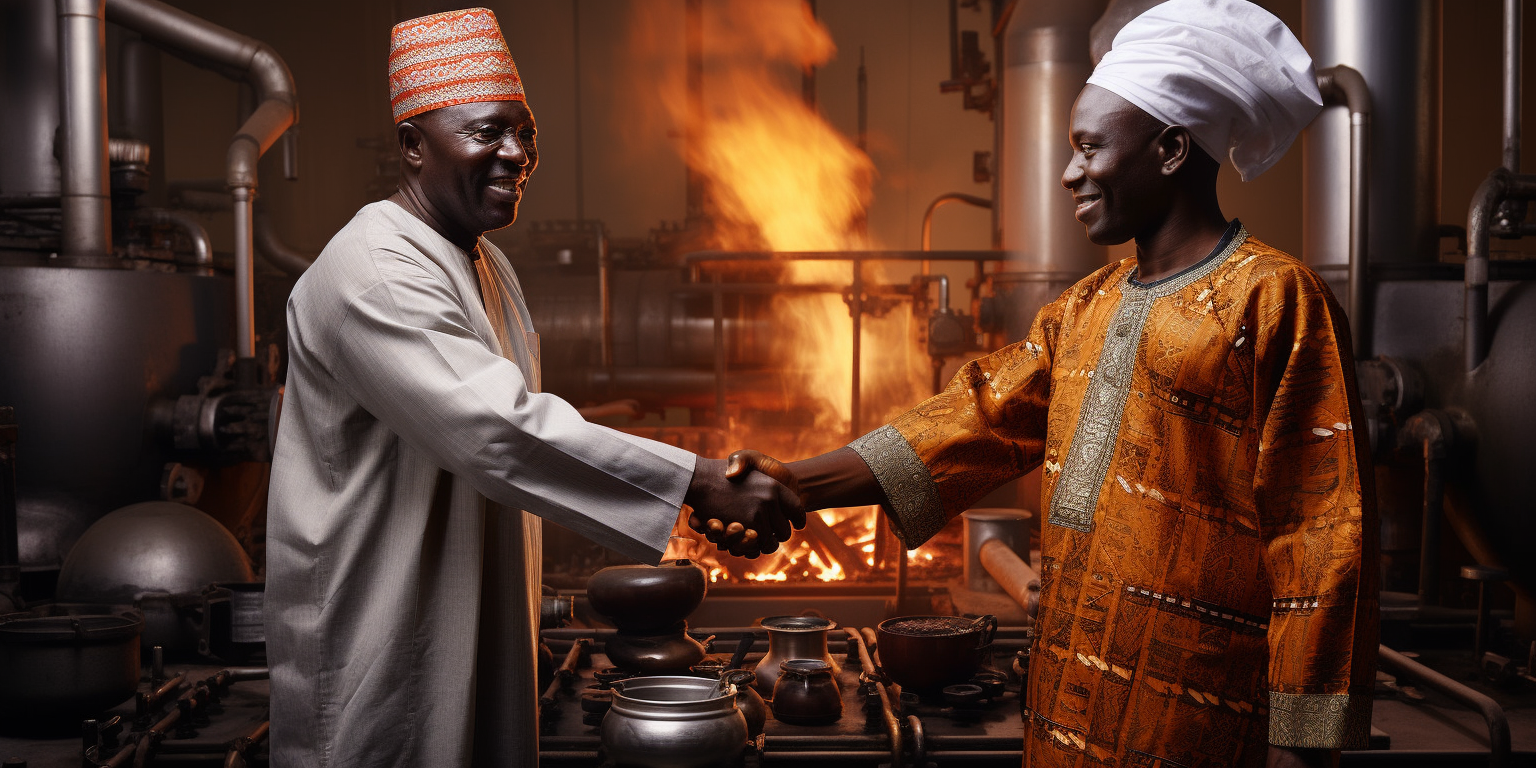 African and European shaking hands during cooking oil production