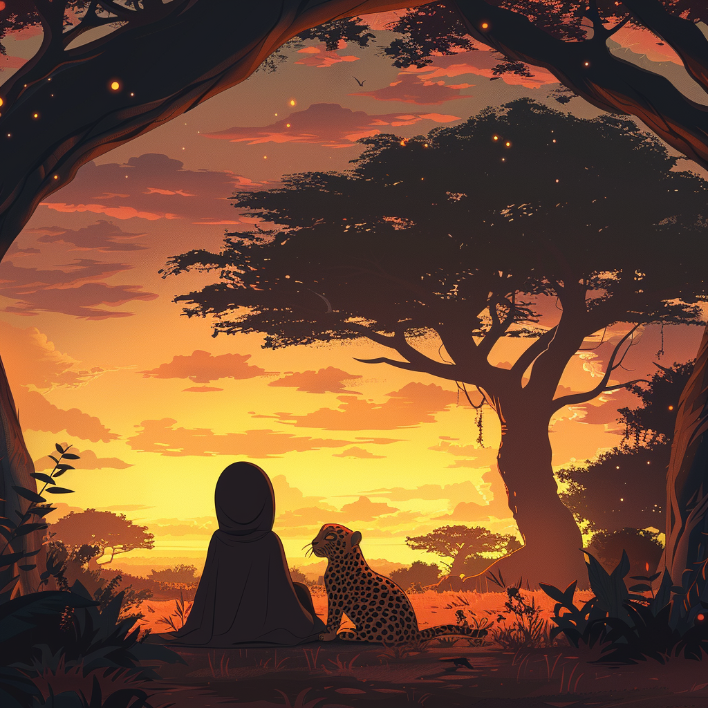 African girl leopard acacia sunset