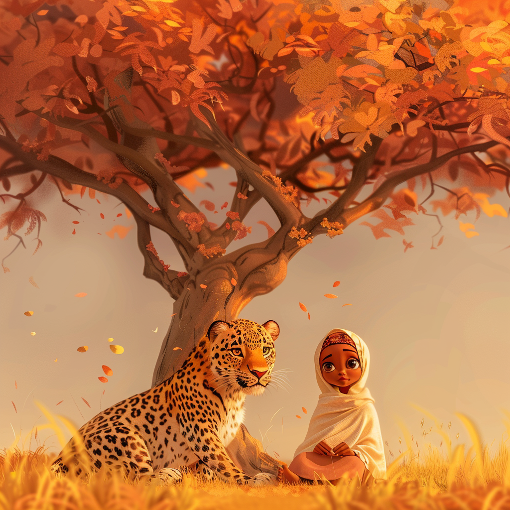 African girl and leopard cartoon