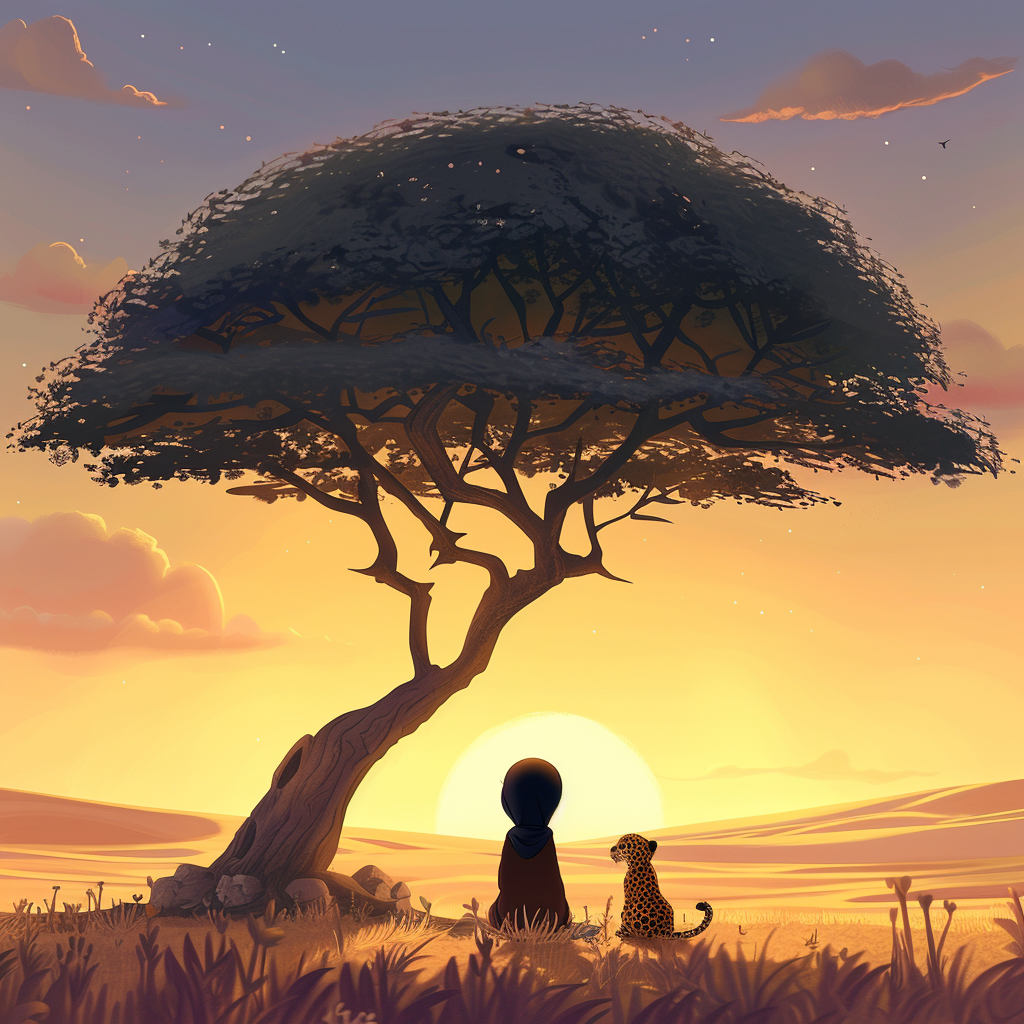 African Girl and Leopard Sunset