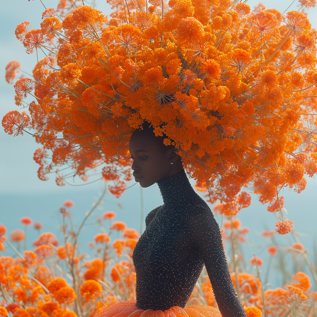 African girl in long dress with orange flowers