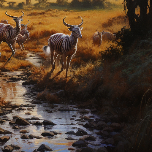 African Grasslands Painting with Running Antelopes and Mount Kilimanjaro