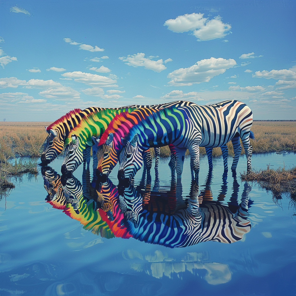 Colorful zebras drinking at African lake