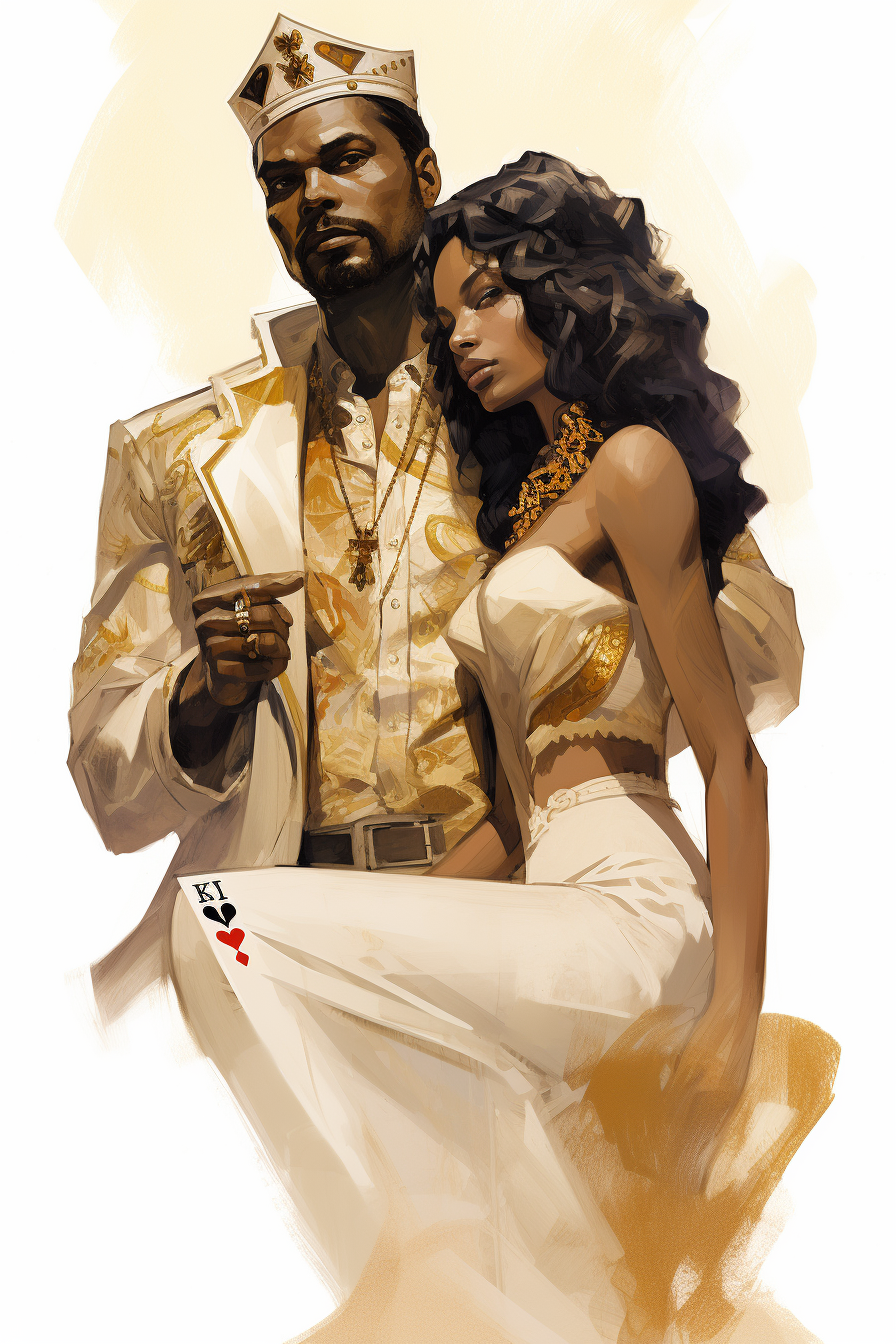 Strong African male holding Caucasian woman playing cards